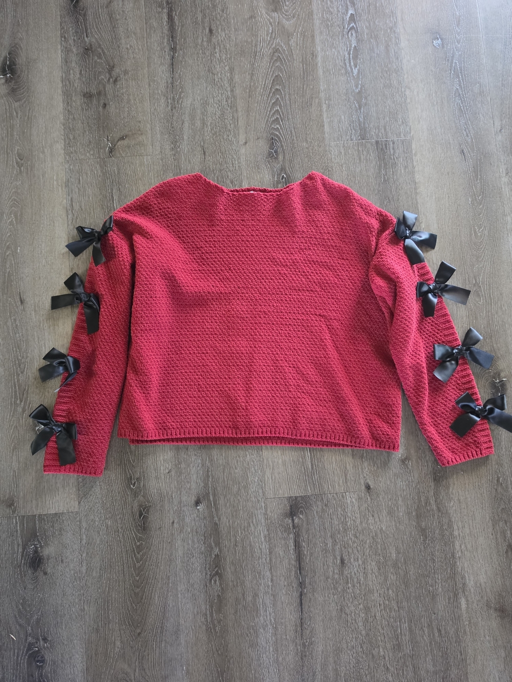 lola Red Knit Scoop-Neck Sweater with Black Bow Accents